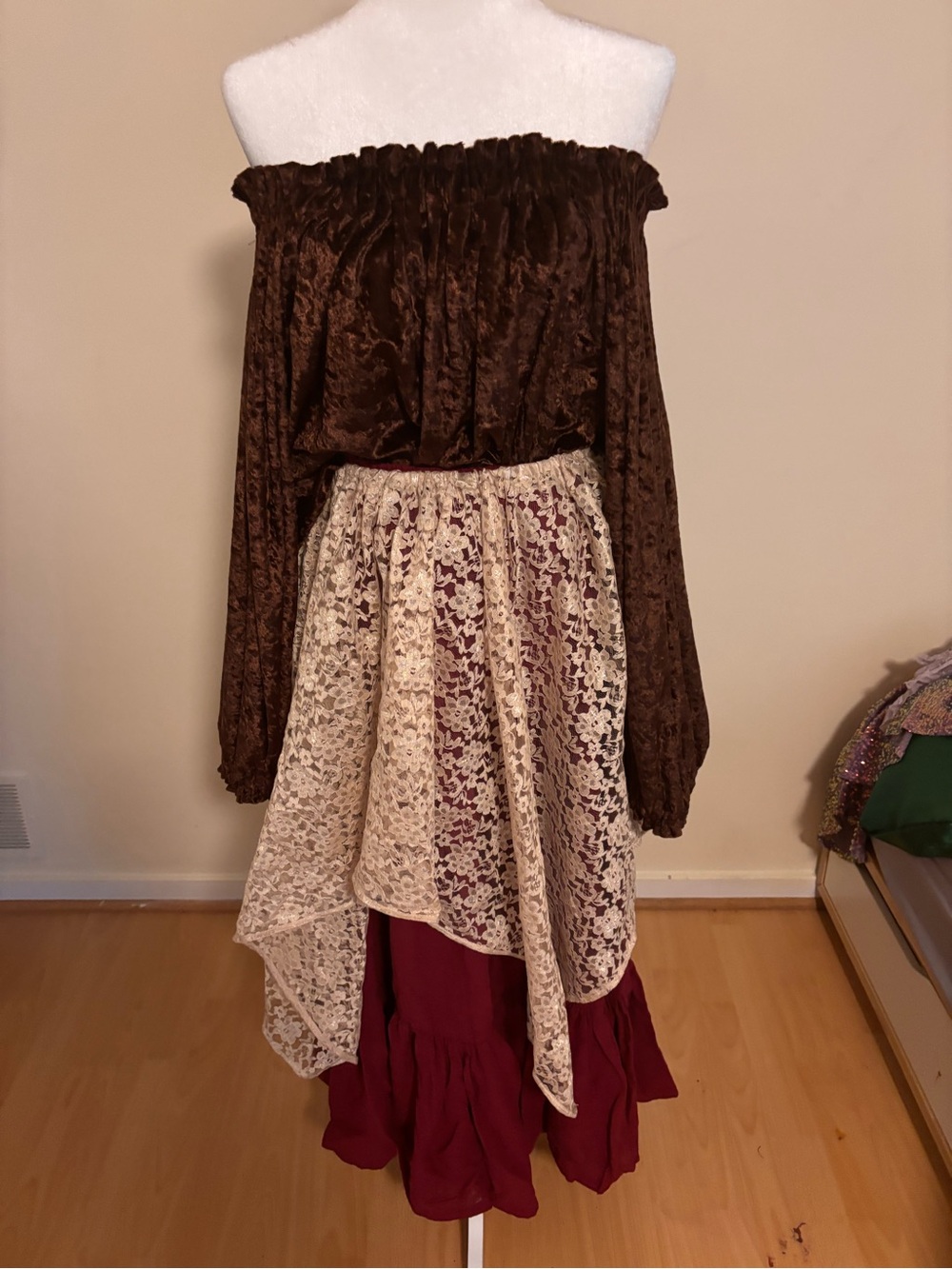Off-Shoulder Brown Velvet top, corset, skirt, with cream lace overlay
